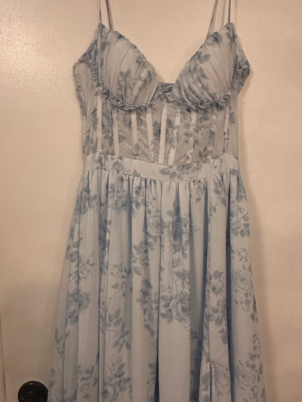 Light Blue Floral Maxi Dress with Sheer Mesh Bodice